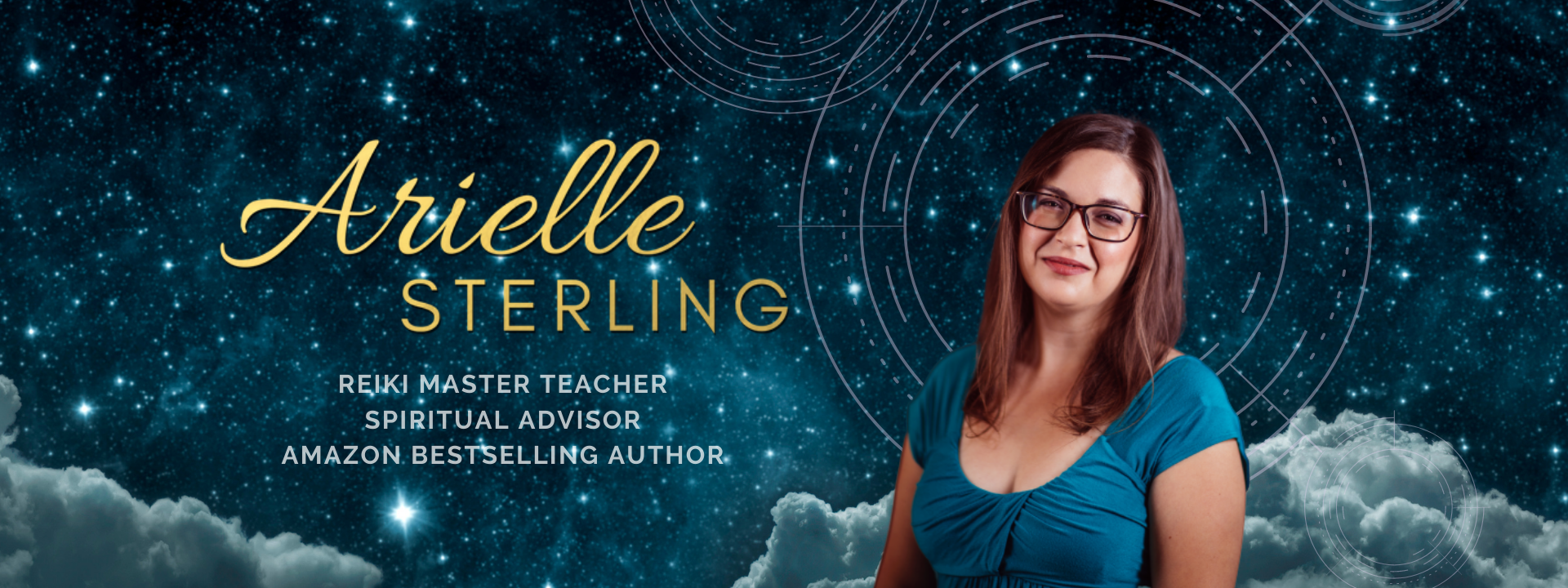 The background of this banner is a teal-tinted star and cloud background. Over layed is an image of Arielle Sterling, a young woman wearing glasses and smiling brightly. She wears a teal dress. To the left of her image, her logo 